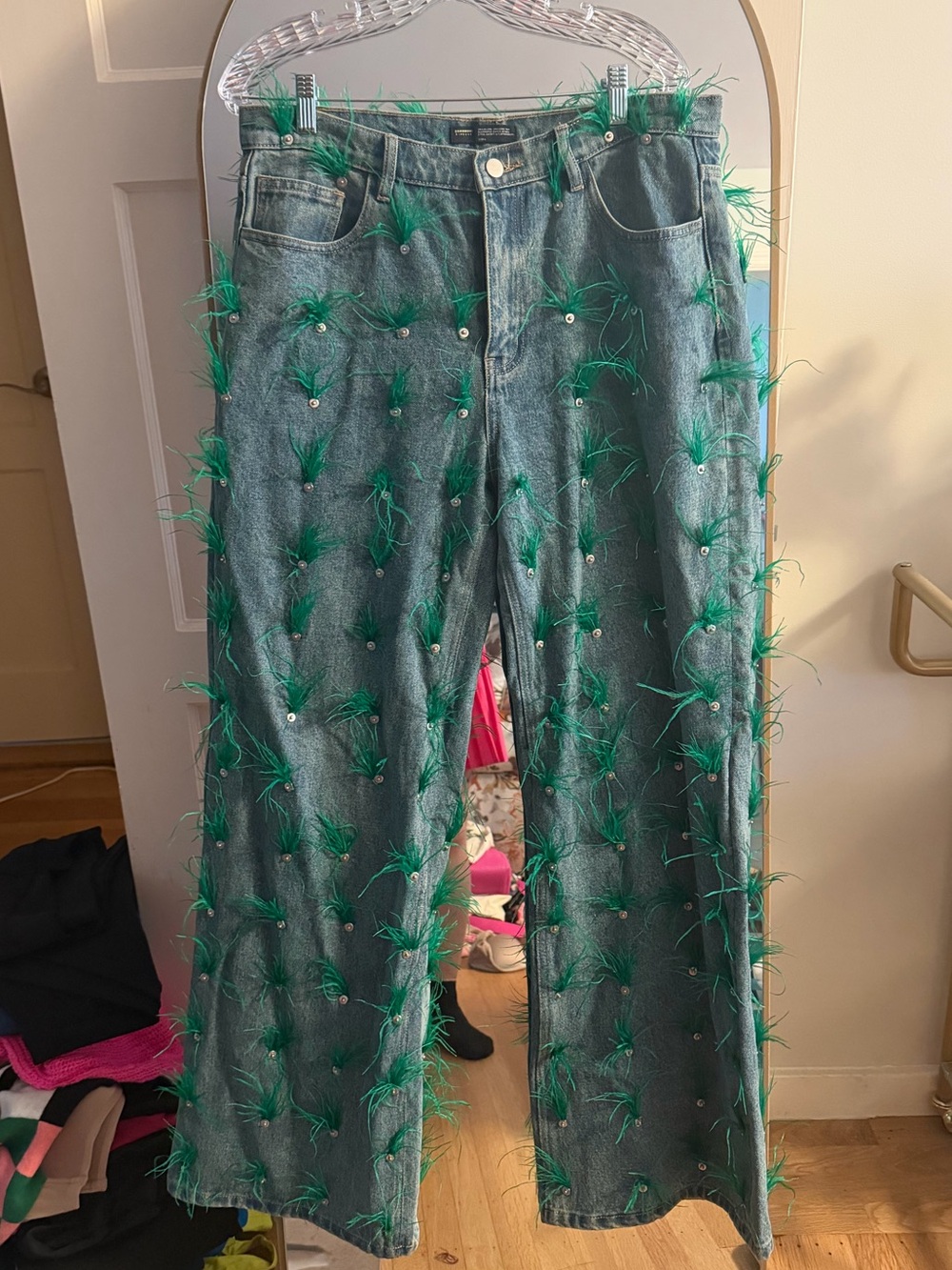 Finesse US Green Feather Embellished Women's Jeans - Size Large